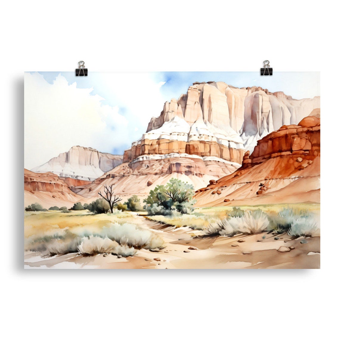 Red Rock Desert Canyon Watercolor with Cliffs and Shrubs Poster - Image 4