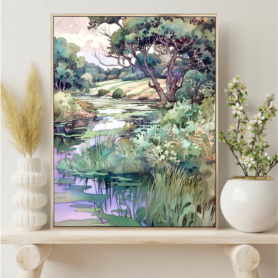 Lush Green Pond Under Tall Trees Watercolor Landscape Poster - Image 2