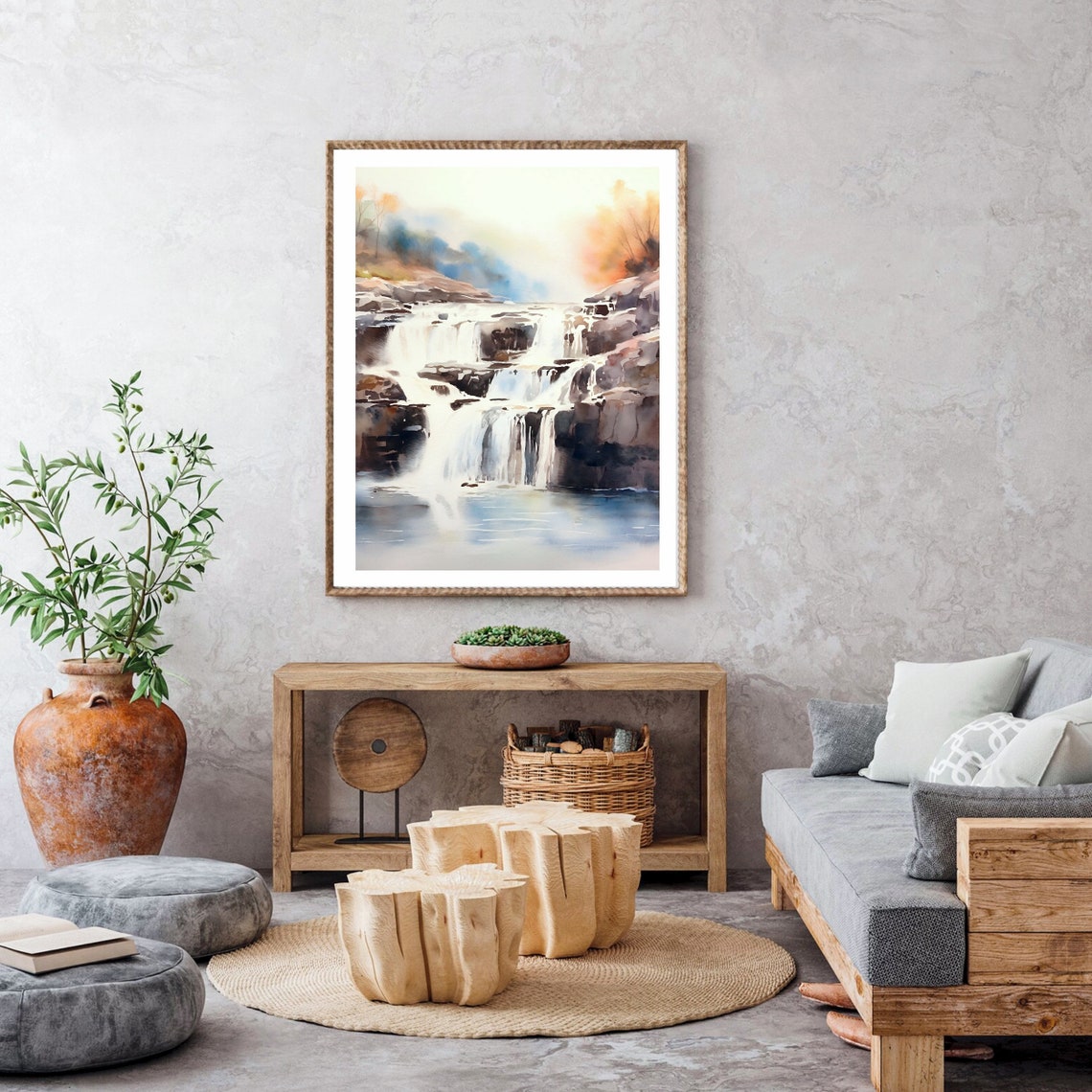 Layered Waterfall Cascades Over Rocks Misty Watercolor Poster - Image 5