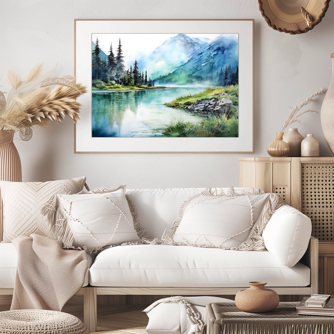 Misty Mountain Lake Blue Peaks Pine Shoreline Watercolor Wall Art - Image 2