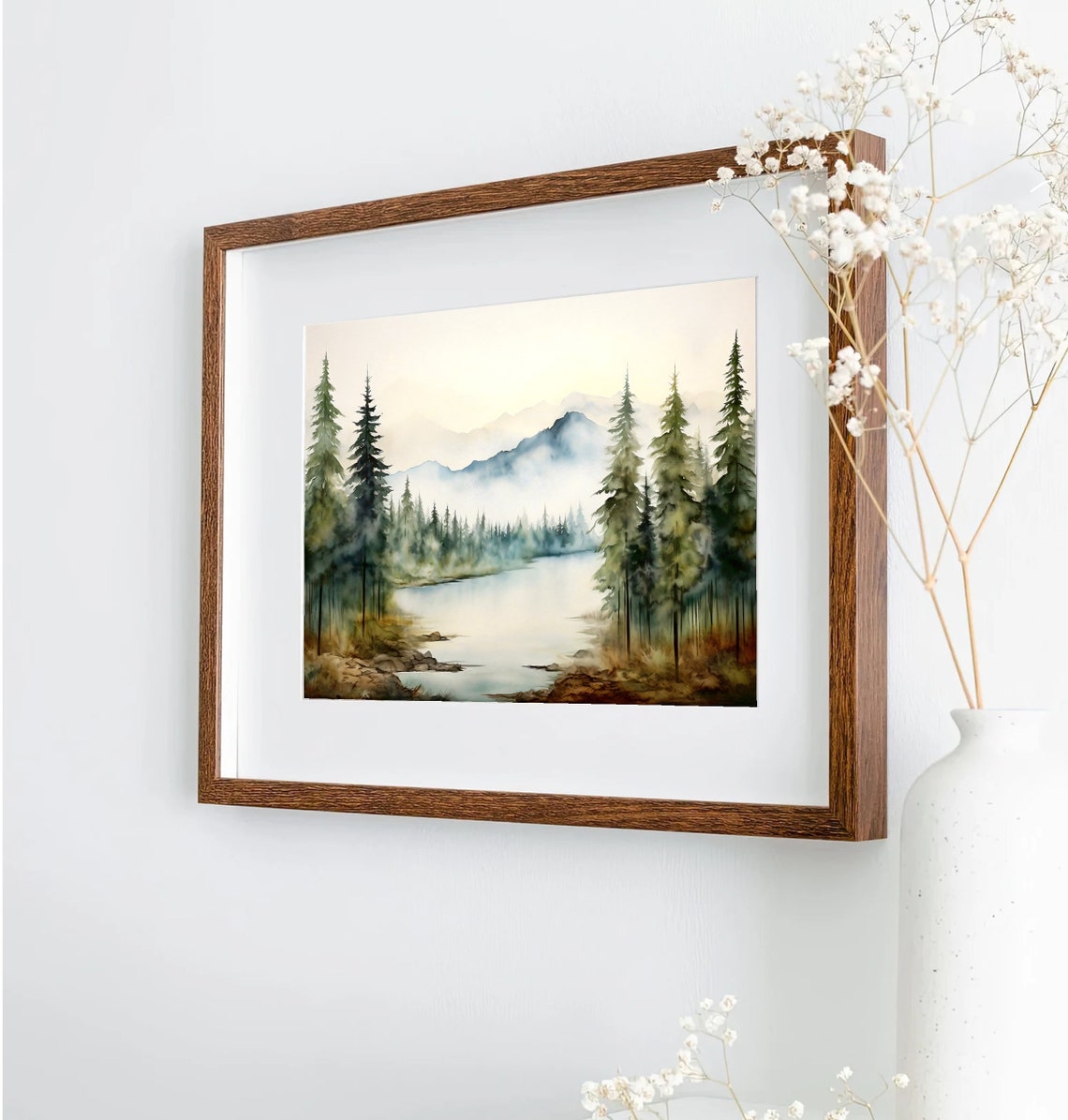 Misty Mountain Lake Tall Pine Forest Watercolor Scenery Poster - Image 5
