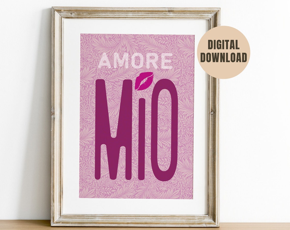 Amore Mio Italian Love Typography on Pink Floral Pattern Poster