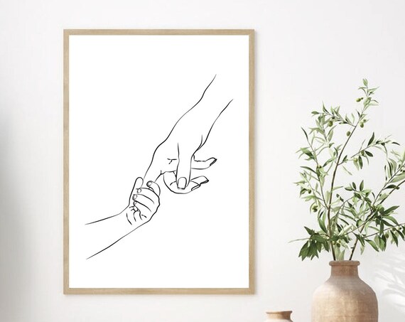 Mother And Baby Holding Hands Minimal Line Art Nursery Poster