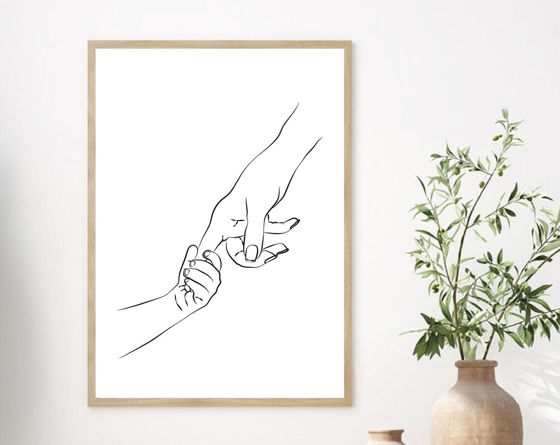 Mother And Baby Holding Hands Minimal Line Art Nursery Poster