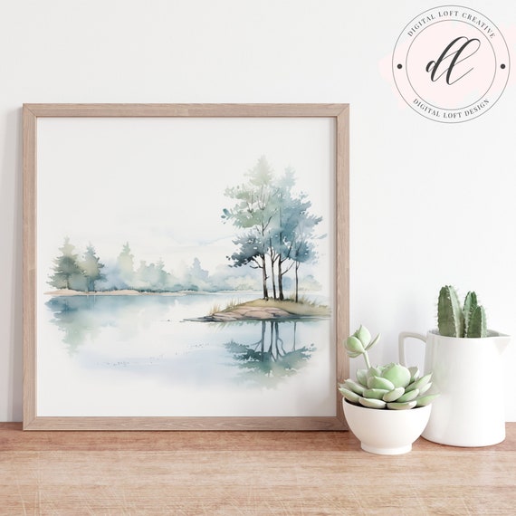 Watercolor Lake Landscape Art Serene Nature Home Decor Wall Art Forest Scenery Poster Peaceful Calm Water Jpg