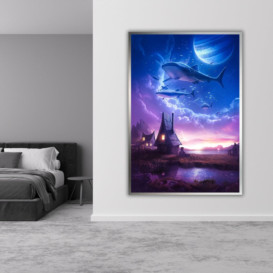 Flying Sharks Moonlit Village Giant Planet Dreamlike Fantasy Sky Poster - Image 5
