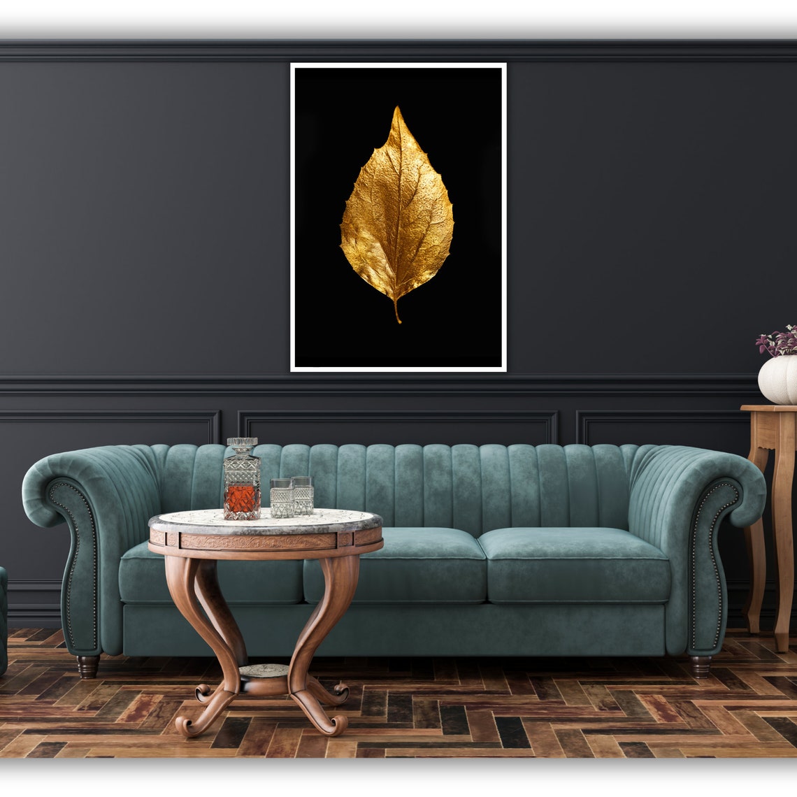Golden Leaf on Black Background Luxury Metallic Texture Poster - Image 2