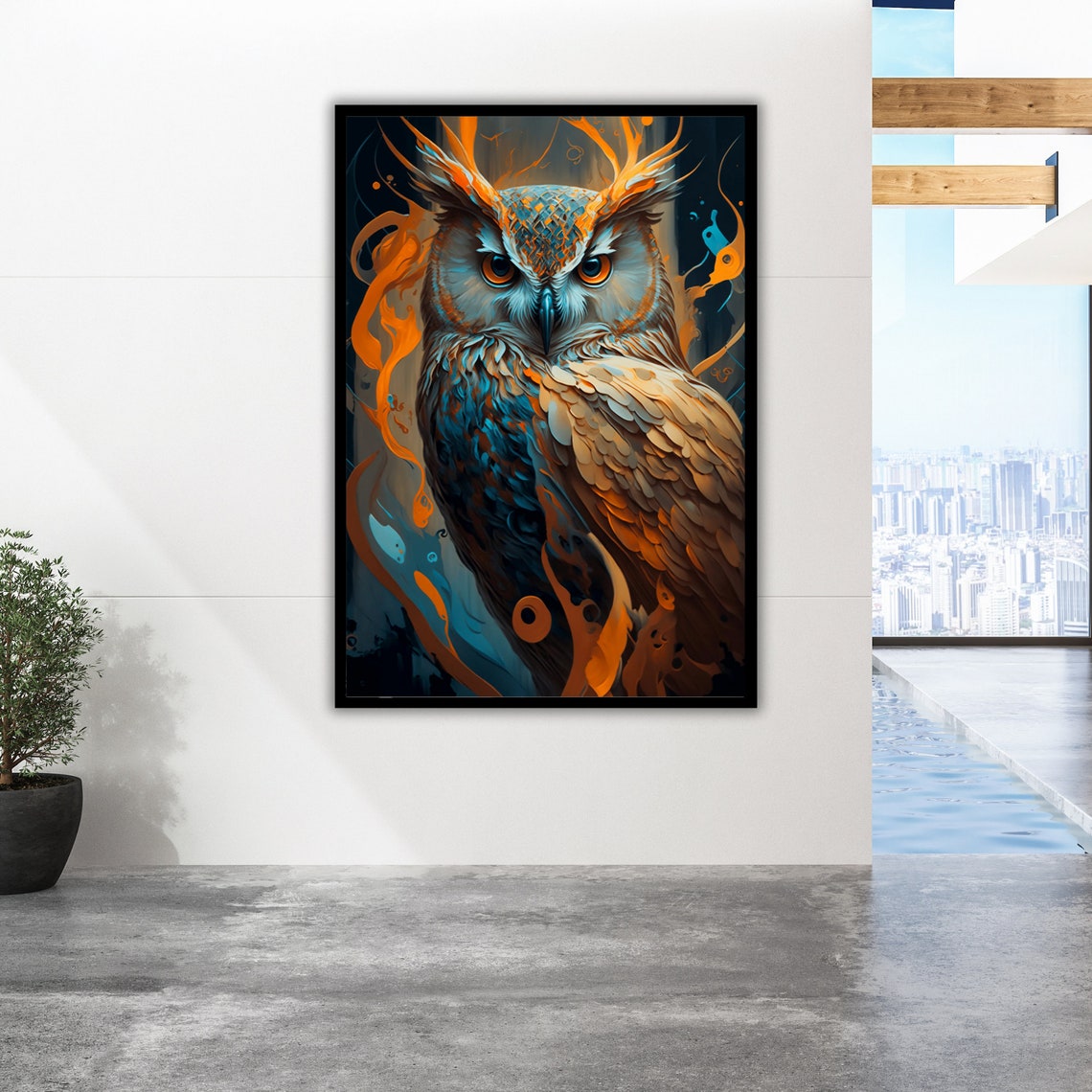 Great Horned Owl Digital Painting Blue Orange Fantasy Bird Art Poster - Image 5