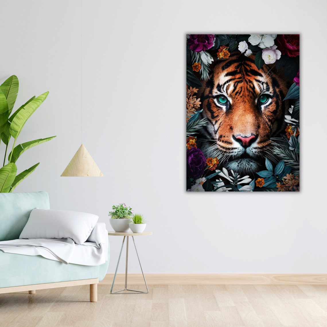 Tiger Face Close Up Floral Surround Green Eyes Wildlife Art Poster - Image 4