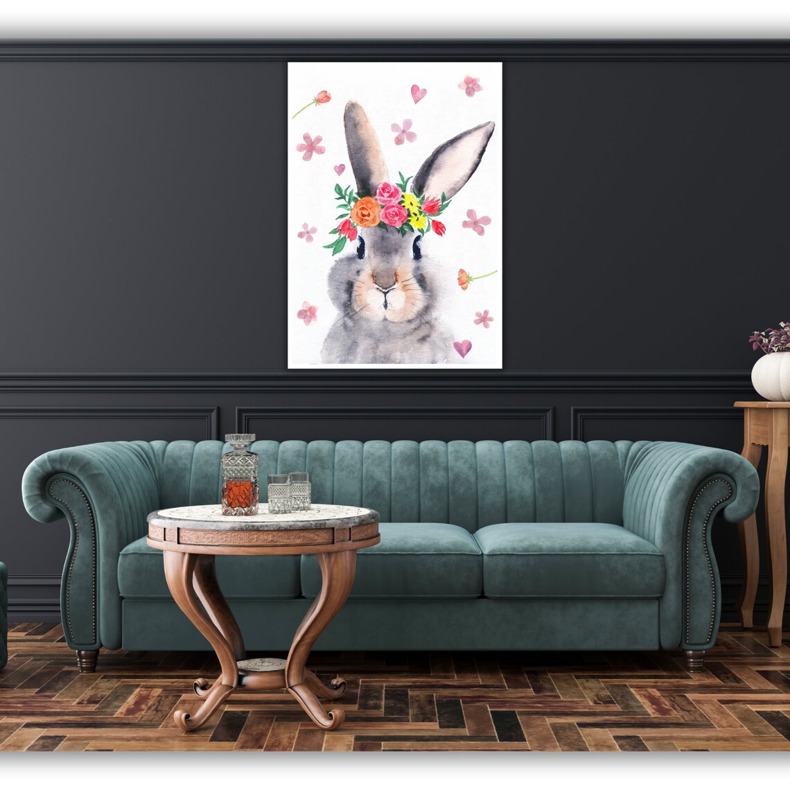 Bunny Rabbit With Flower Crown Watercolor Nursery Wall Art Print - Image 4