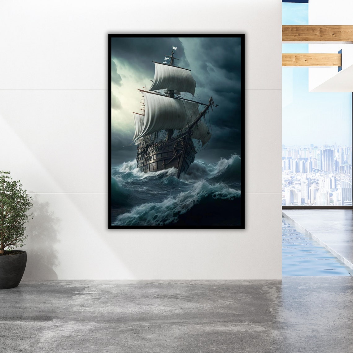 Tall Ship Stormy Teal Waves Dramatic Ocean Tempest Nautical Poster - Image 3