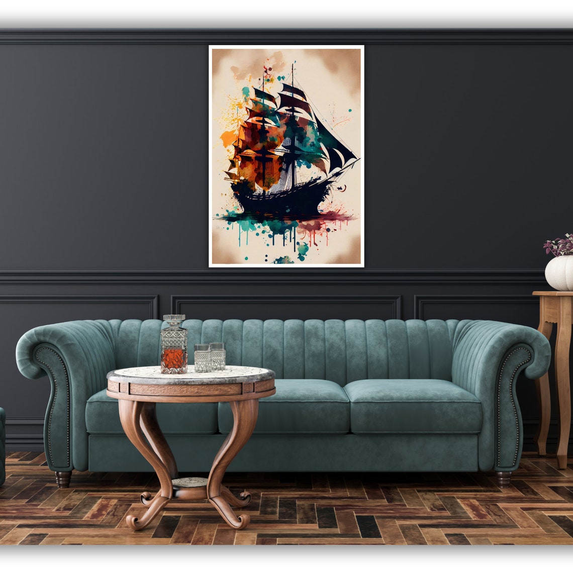 Tall Sailing Ship Watercolor Splash Art Nautical Ocean Fine Art Poster - Image 4