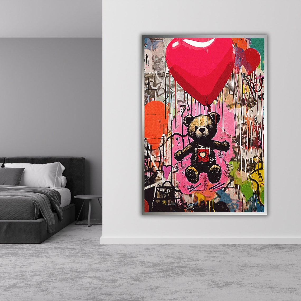 Graffiti Teddy Bear Red Heart Balloon Colorful Street Art Poster - Image 3