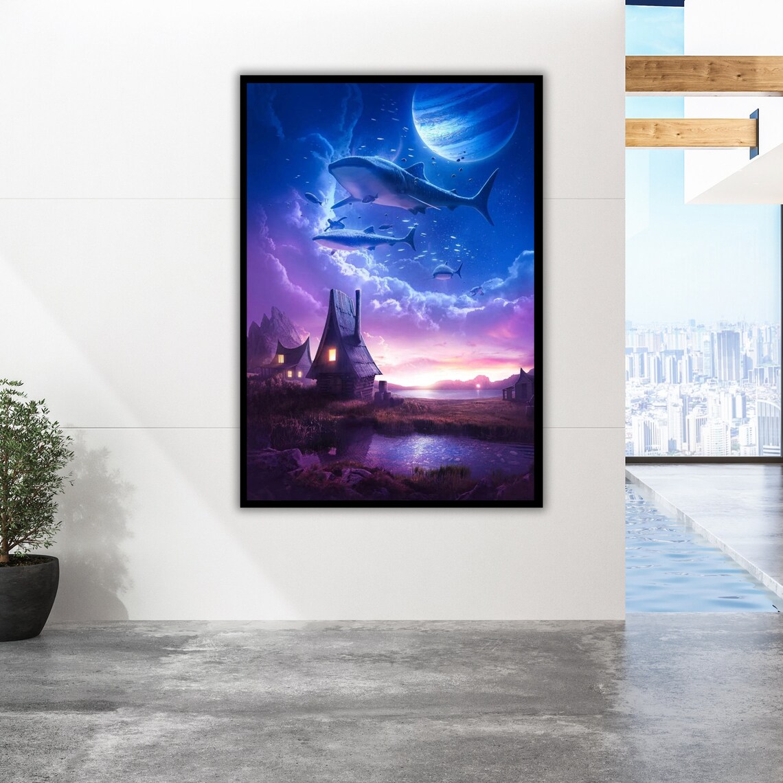 Flying Sharks Moonlit Village Giant Planet Dreamlike Fantasy Sky Poster - Image 2