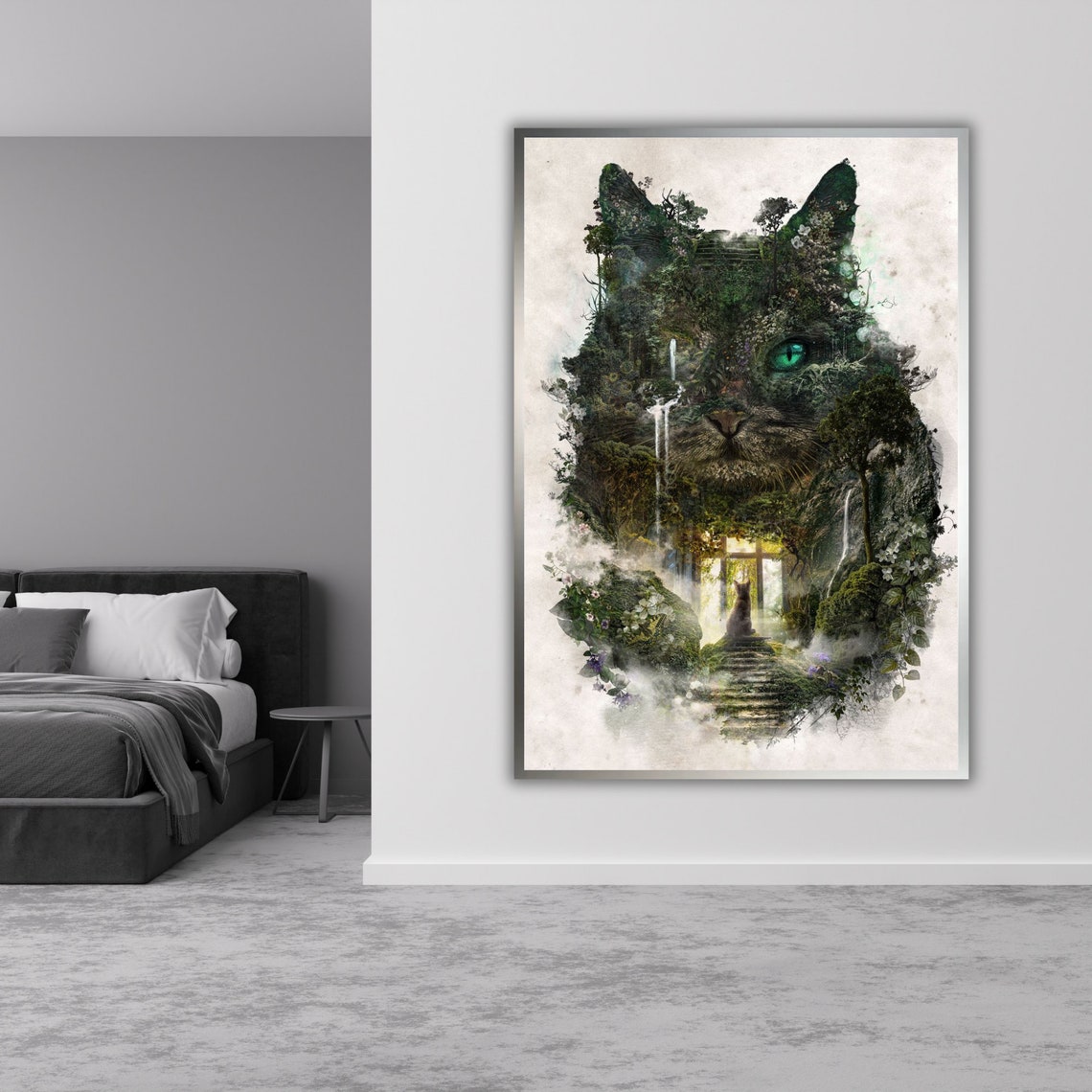 Forest Cat Double Exposure Green Eye Nature Fantasy Art Poster - Image 3