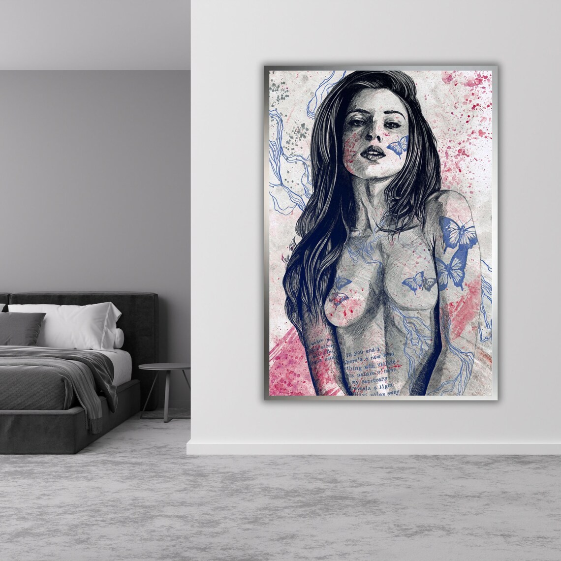 Nude Woman Figure Sketch Art With Butterflies Pencil Drawing Print - Image 3