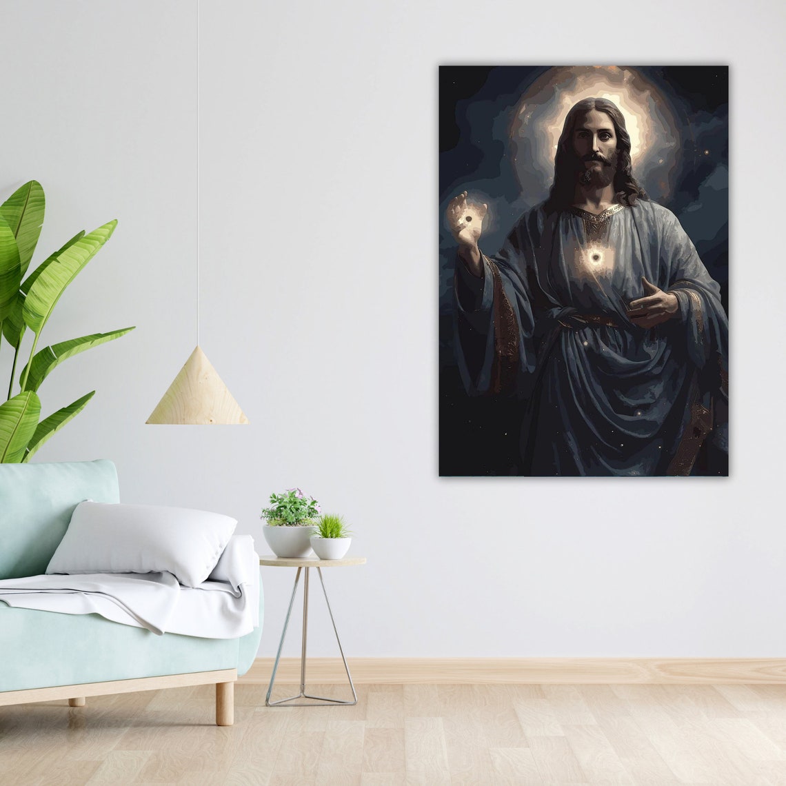 Jesus Glowing Sacred Heart Night Cosmic Blue Robe Art Print Poster - Image 5
