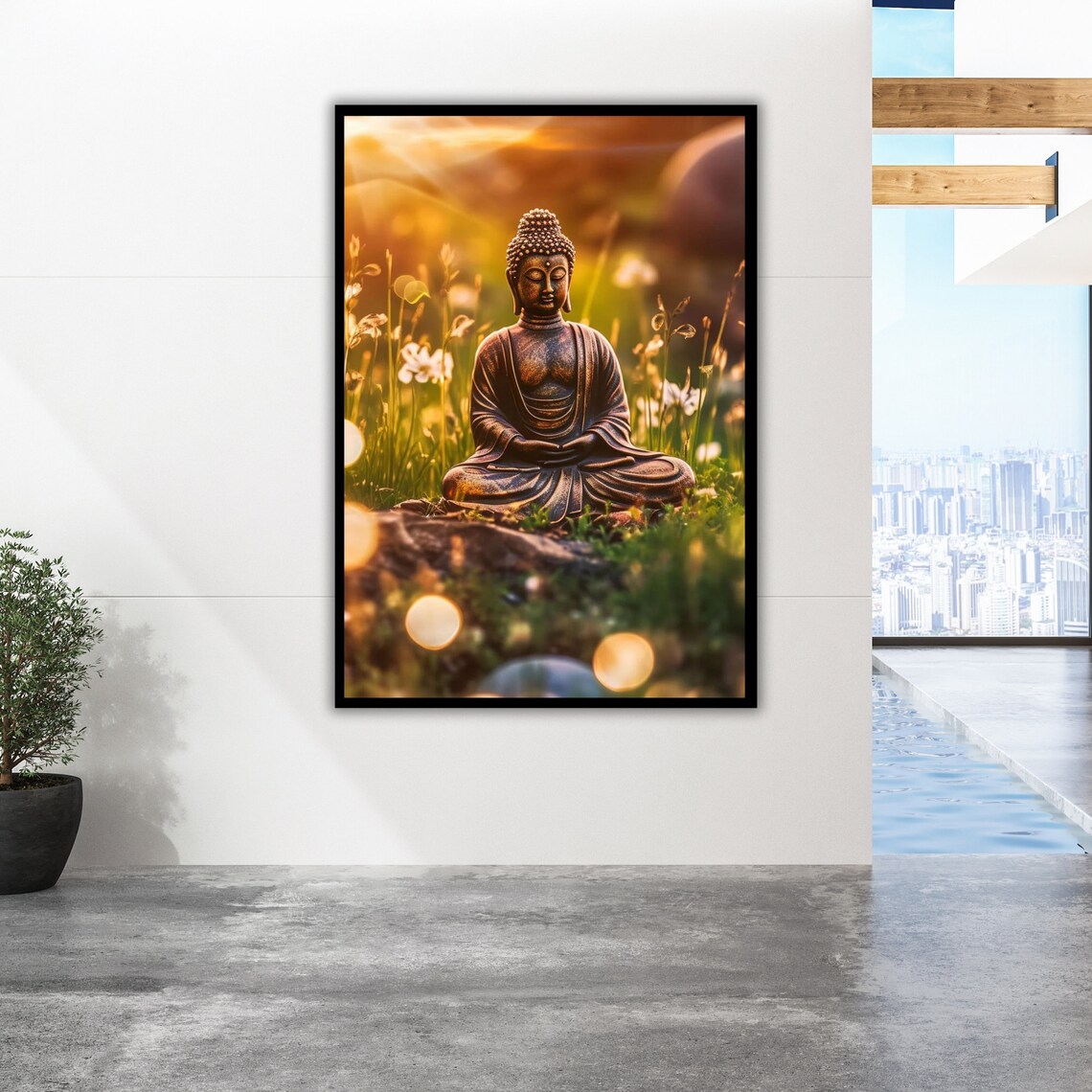 Bronze Buddha Statue Garden Golden Sunset Meadow Zen Wall Art Poster - Image 3