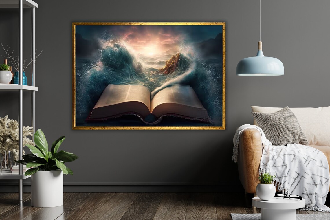 Open Bible With Ocean Waves Bursting From Pages Surreal Faith Art Poster - Image 4