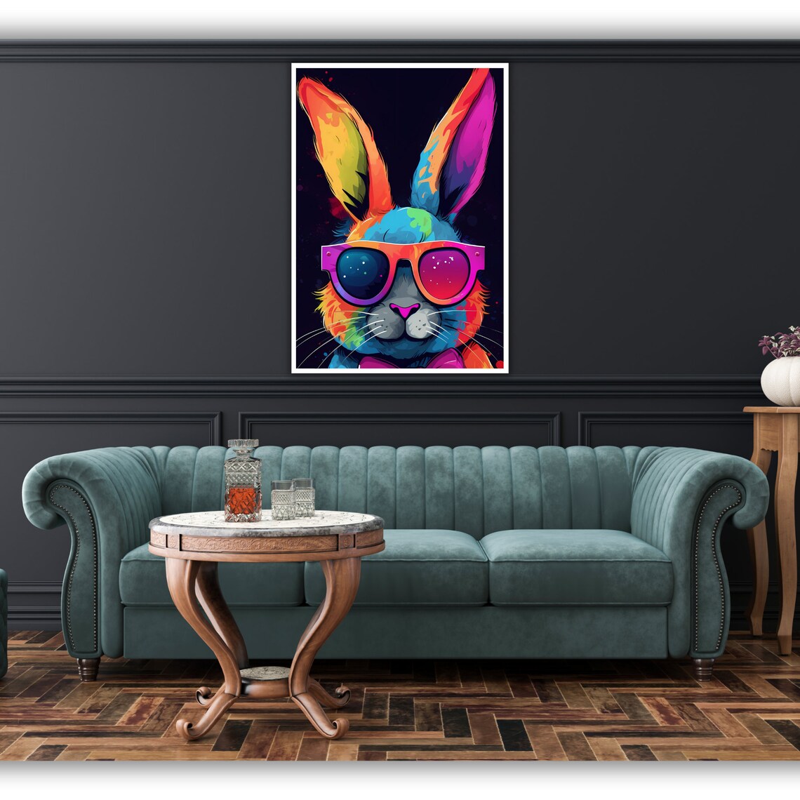 Neon Rainbow Rabbit With Sunglasses Pop Art Colorful Cool Bunny Wall Poster - Image 3