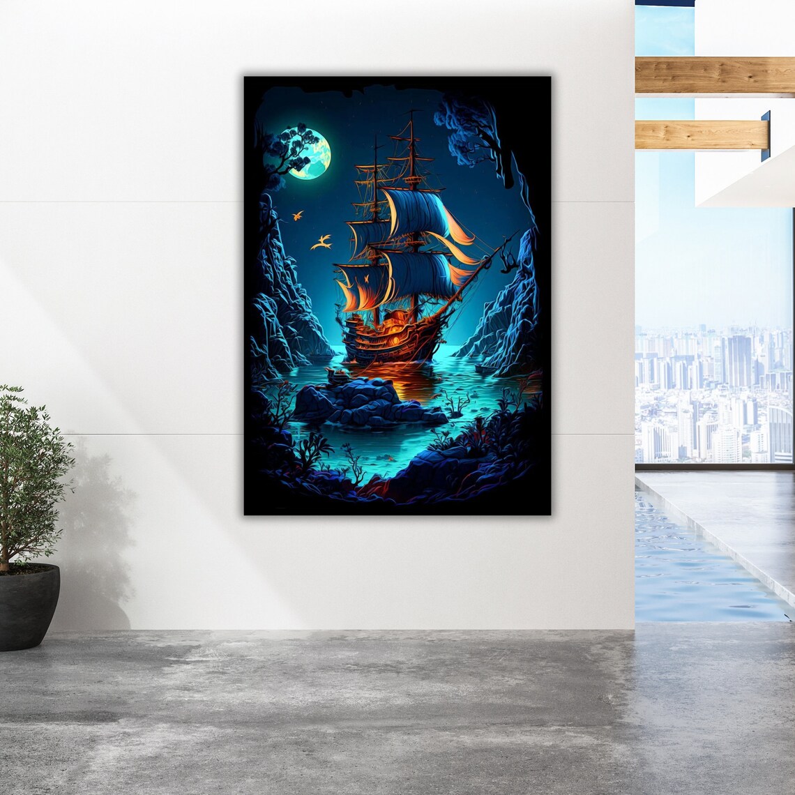 Ship In Sea Art Nautical Wall Decor Ready To Hang Coastal Painting Framed Ocean Print - Image 4