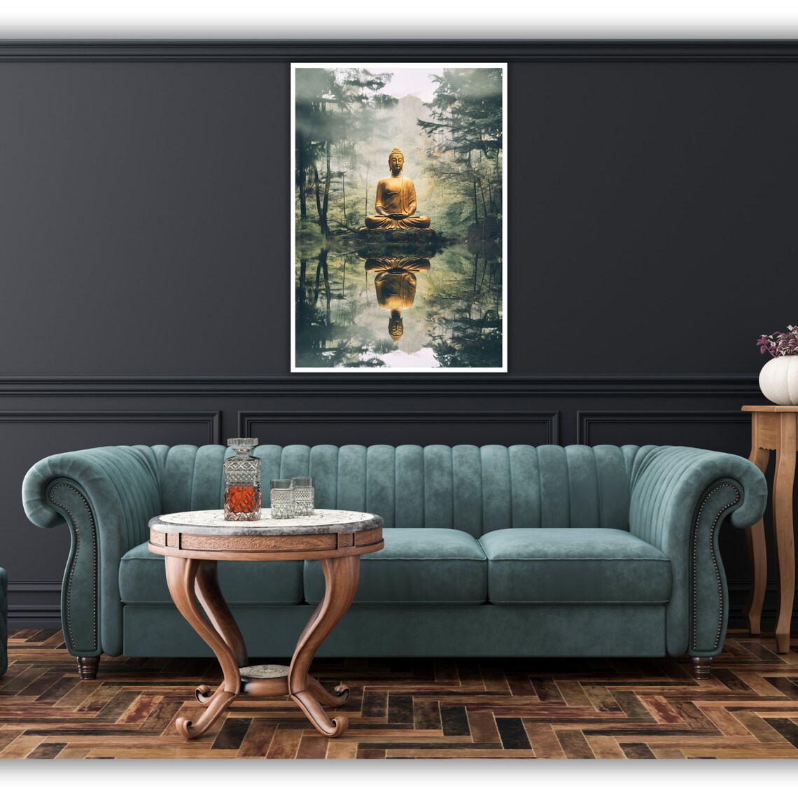 Golden Buddha Meditating In Misty Forest Lake Reflection Zen Calm Poster - Image 4