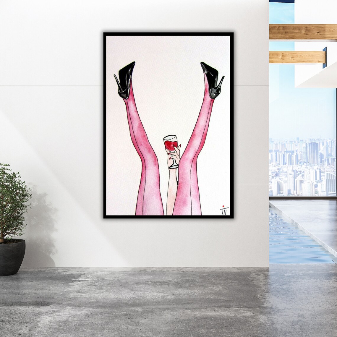 Pink Stockings Legs Heels Wine Glass Whimsical Watercolor Art Wall Poster - Image 2