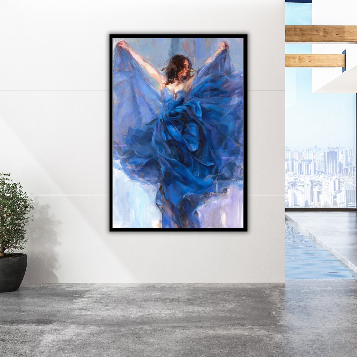 Blue Dress Flamenco Dancing Woman Print Ready To Hang Framed Wall Decor - Image 2