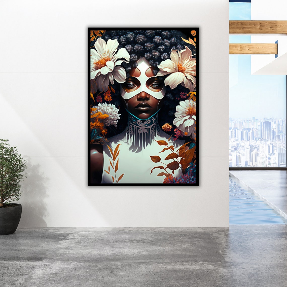 Tribal Face Paint African Woman Floral Afro Portrait Dramatic Wall Art - Image 3
