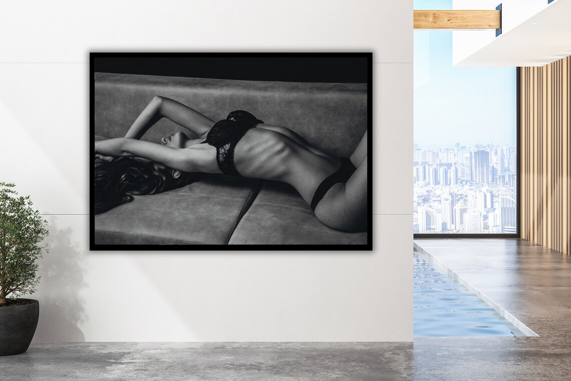 Black and White Boudoir Woman on Bed Sensual Photography Poster - Image 2