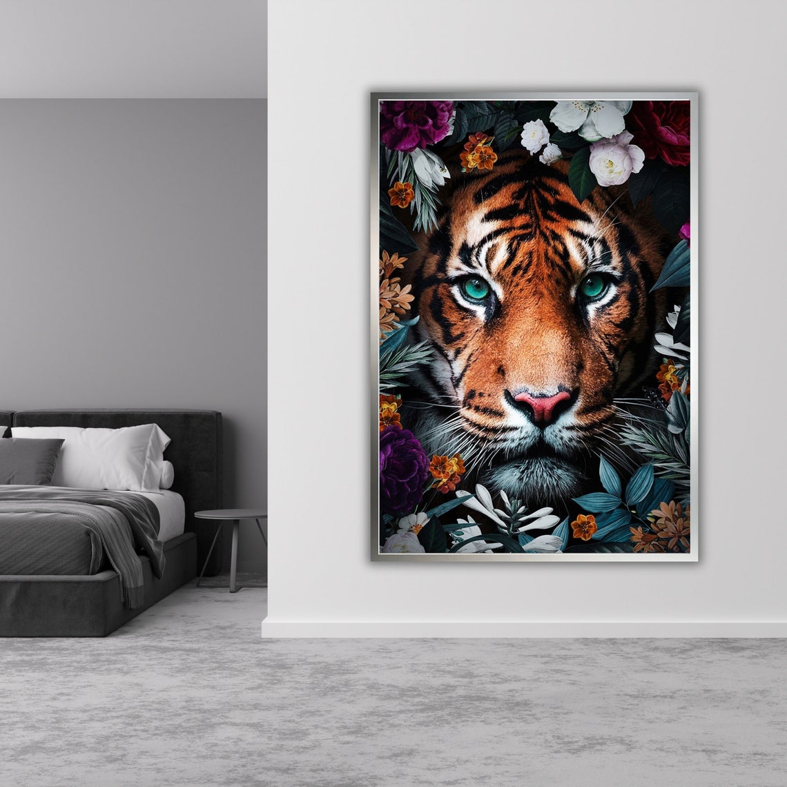 Tiger Face Close Up Floral Surround Green Eyes Wildlife Art Poster - Image 3