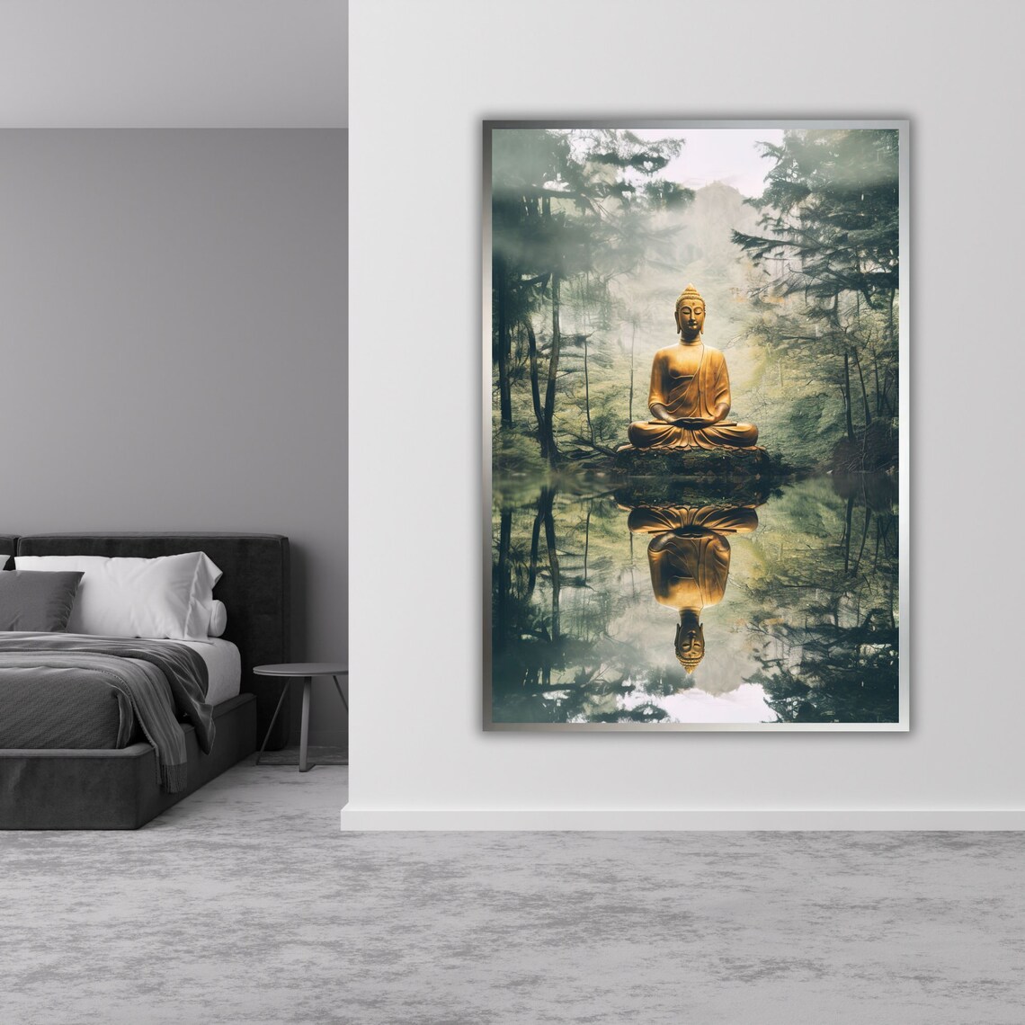 Golden Buddha Meditating In Misty Forest Lake Reflection Zen Calm Poster - Image 3