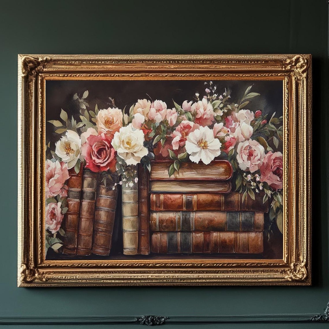 Vintage Books Stack With Pink Roses Dark Floral Library Art Poster - Image 5