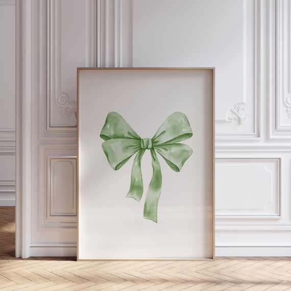Green Bow Print Coquette Room Decor Preppy Wall Decor Soft Girl Aesthetic Balletcore Wall Art Watercolor Bow Poster