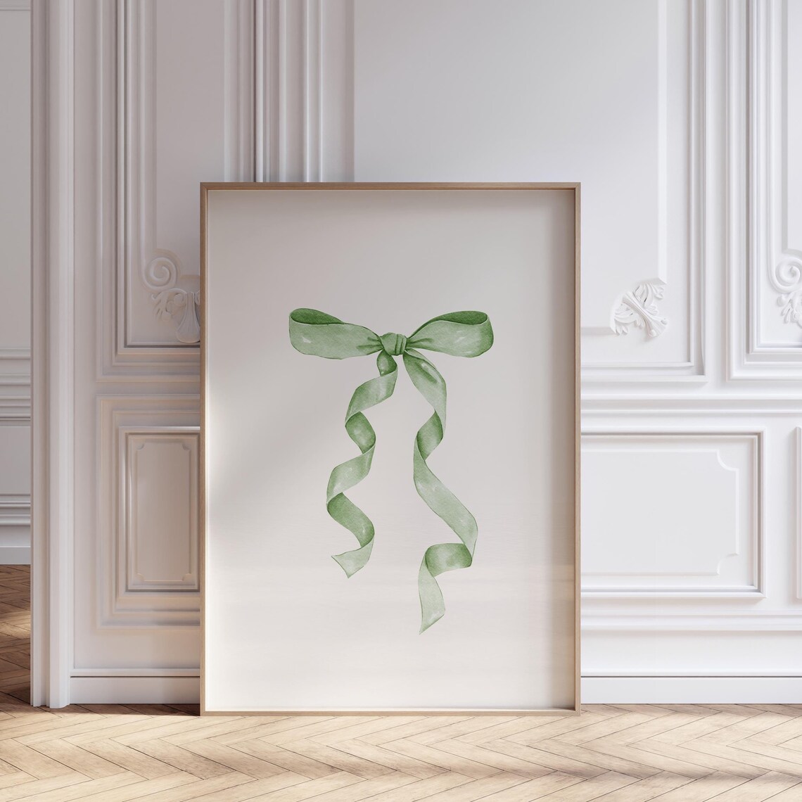 Sage Green Watercolor Ribbon Bow With Flowing Tails Coquette Print