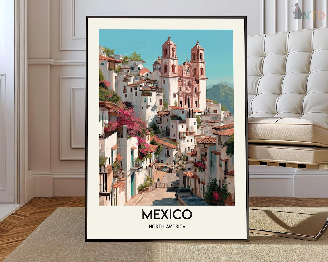 Mexico White Hill Town Church Vintage Travel Destination Poster