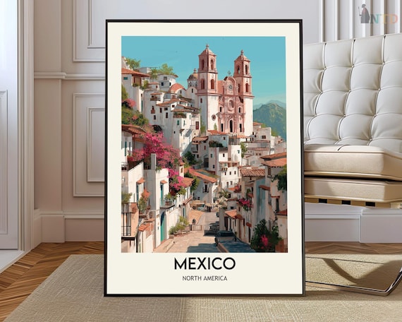 Mexico White Hill Town Church Vintage Travel Destination Poster
