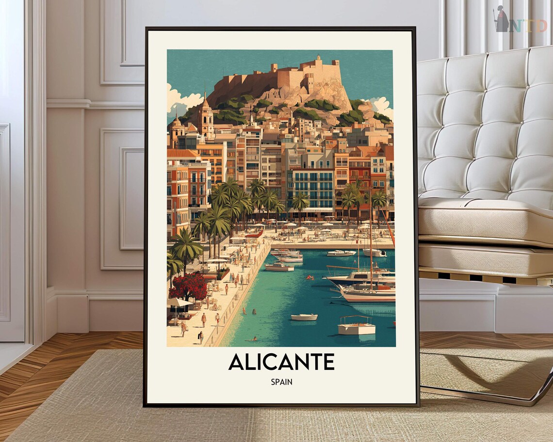 Alicante Spain Vintage Style Harbor Castle Coastal Travel Poster
