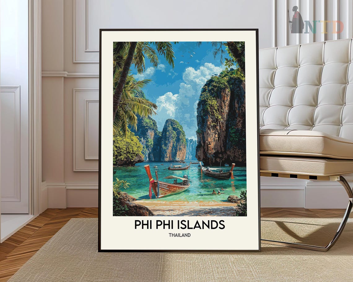 Phi Phi Islands Thailand Tropical Beach Longtail Boat Travel Poster