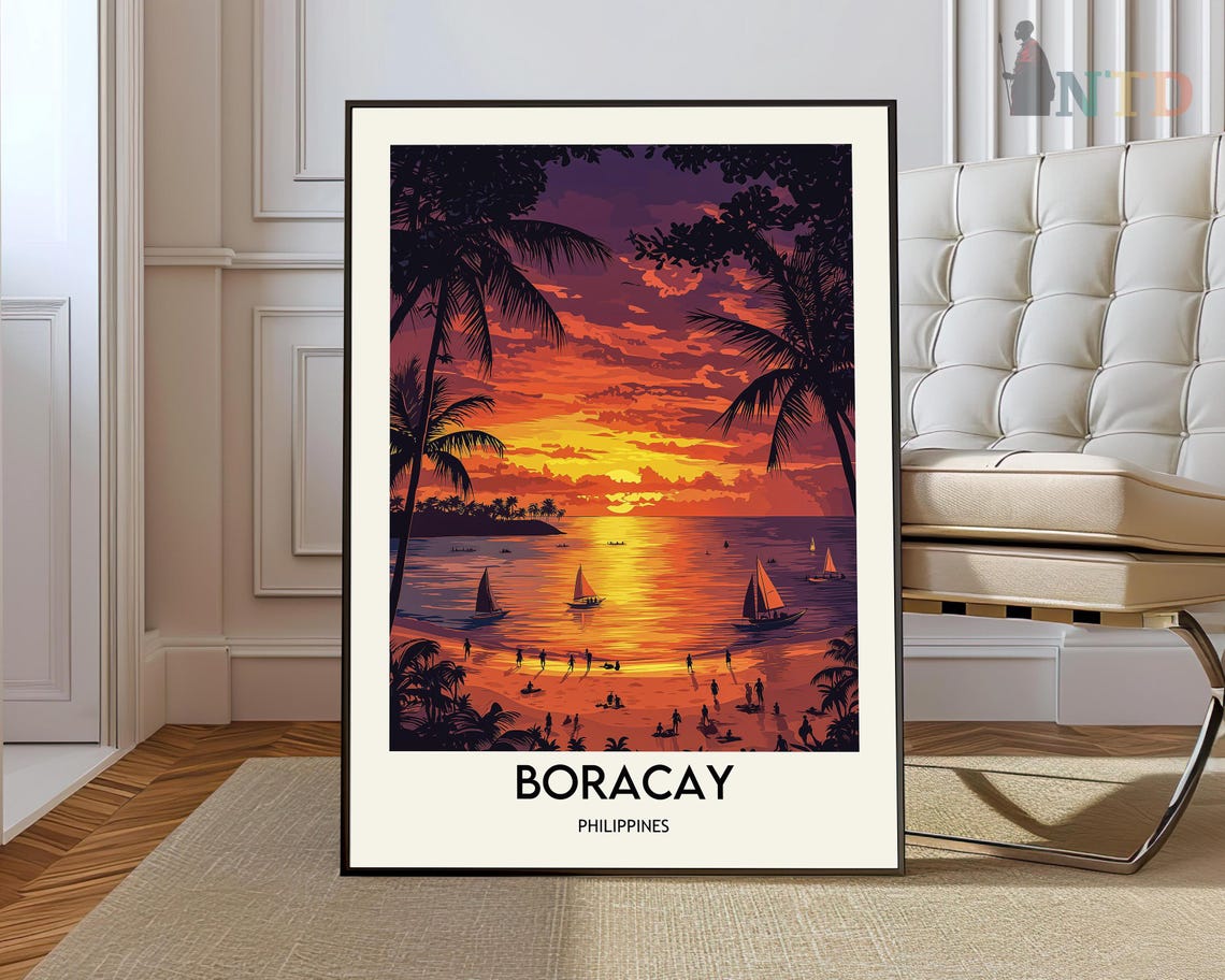 Boracay Philippines Sunset Sailboats Palm Silhouettes Poster