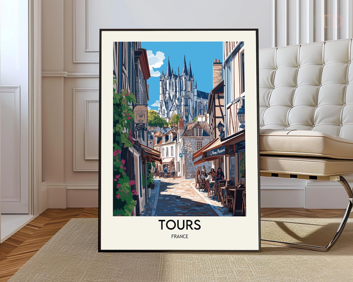 Tours France Old Street Gothic Cathedral France City Travel Poster