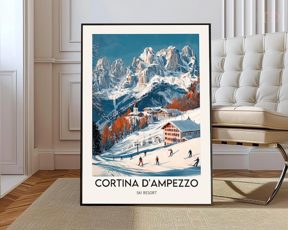 Cortina D'Ampezzo Ski Village Alpine Sunset Vintage Travel Poster