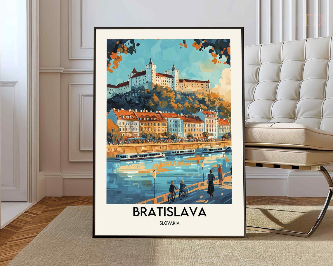 Bratislava Castle Evening Riverside Promenade View Travel Poster