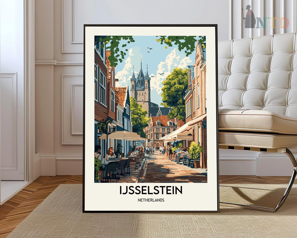 Ijsselstein Netherlands Vintage Church Cafe Street Scene Travel Poster