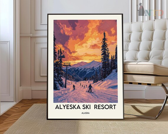 Alyeska Ski Resort Alaska Sunset Chairlift Skiers Travel Poster