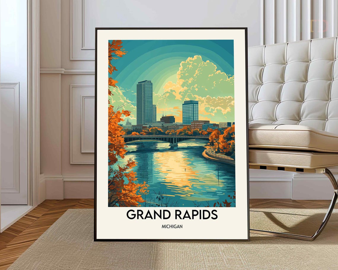 Grand Rapids Michigan Autumn River Skyline With Historic Bridge Poster