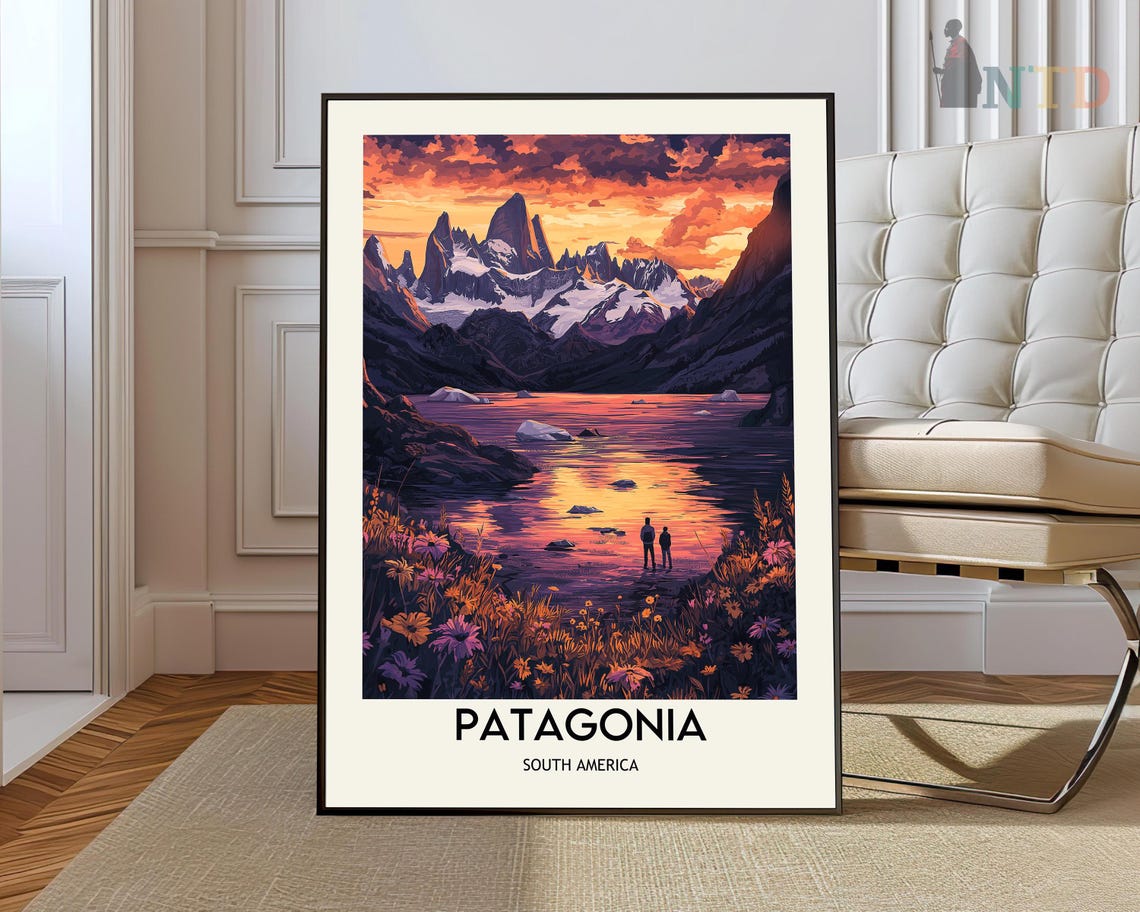 Patagonia South America Dusk with Hikers by Mountain Lake Poster