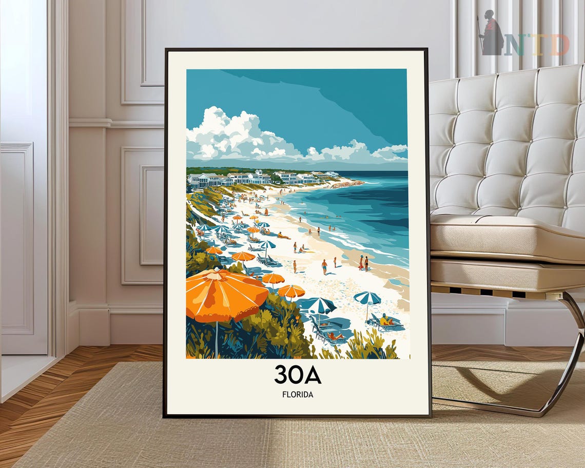 Beach Umbrellas on White Sand 30A Florida Coast Travel Poster