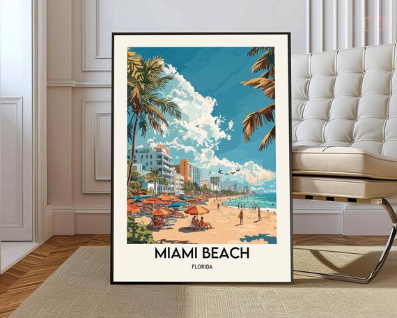 Miami Beach Florida Palm Trees Umbrellas Retro Travel Poster