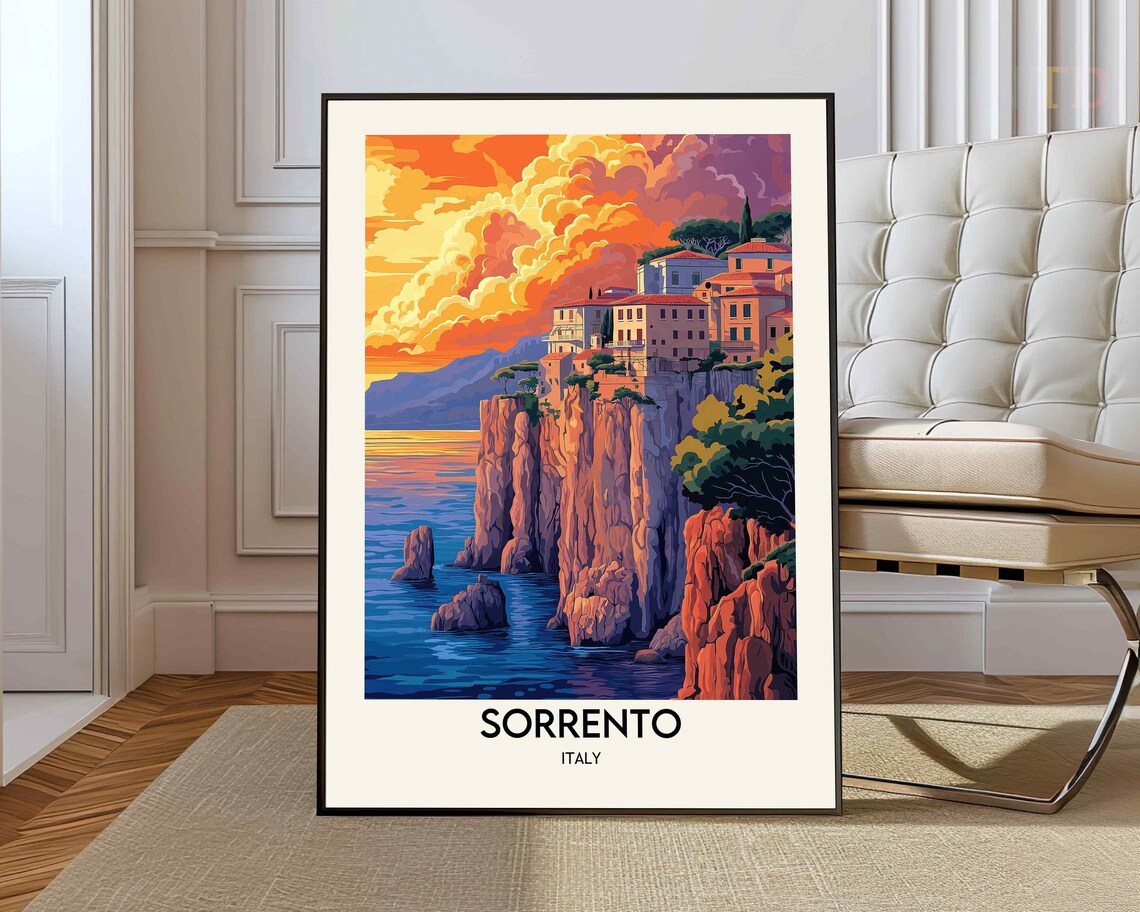 Sorrento Italy Cliffside Town Orange Cloud Sunset Travel Poster